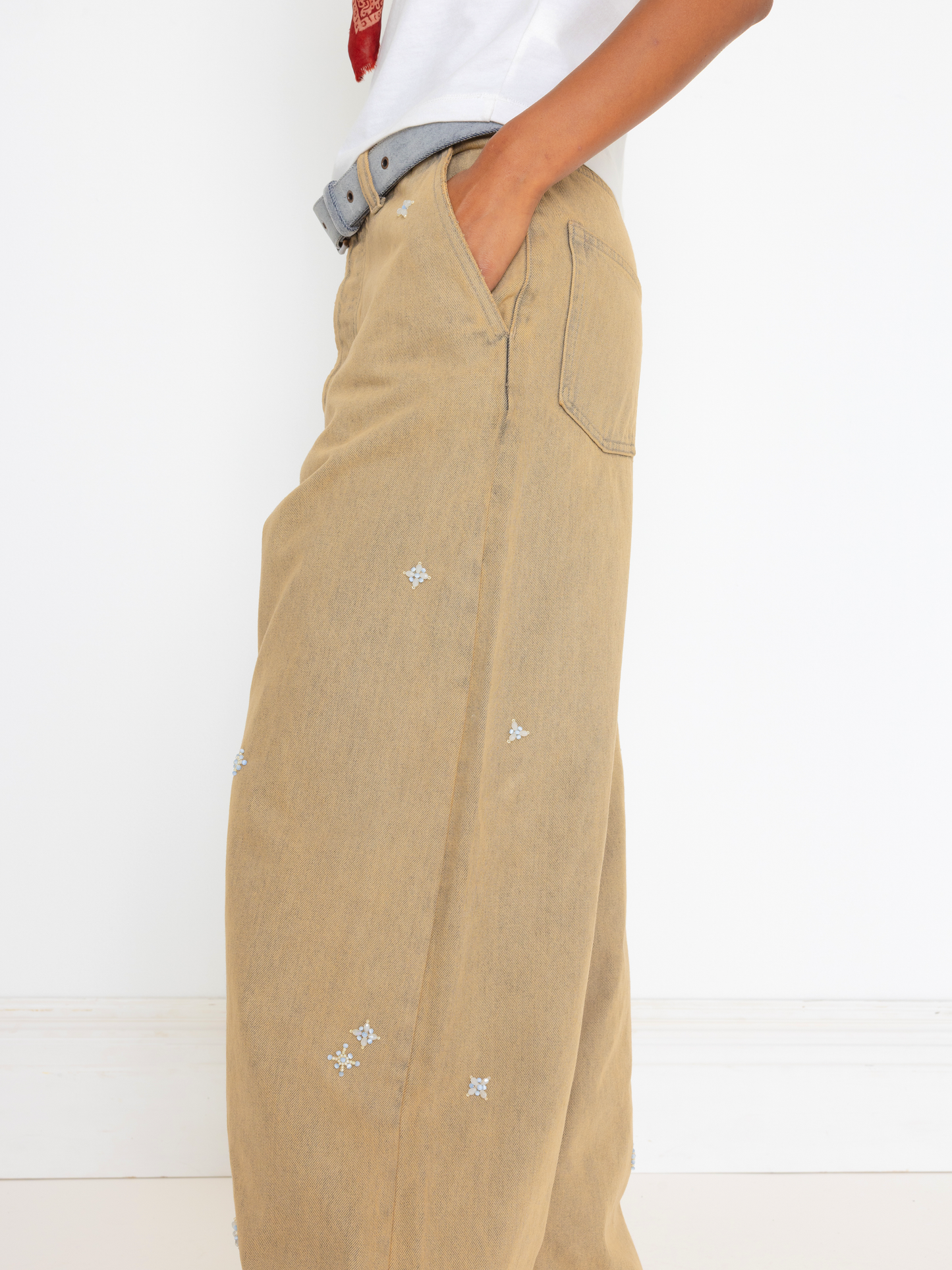 TAN HAND BEADED UNISEX JEAN