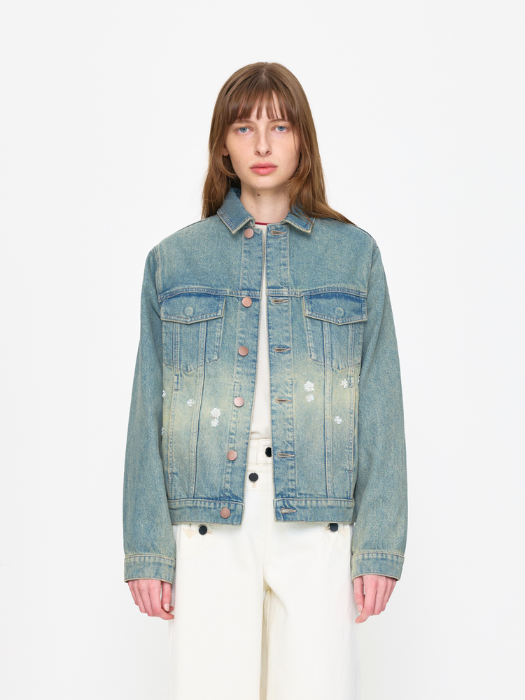 Person wearing a light blue denim jacket on a white background