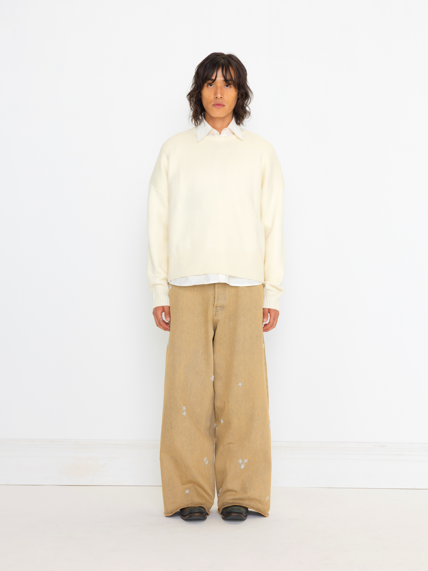 TAN HAND BEADED UNISEX JEAN