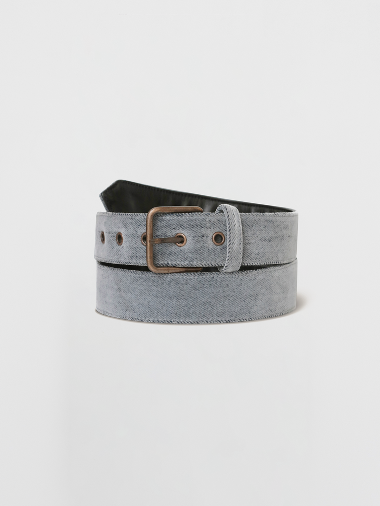 Gray belt with a brown buckle on a light gray background